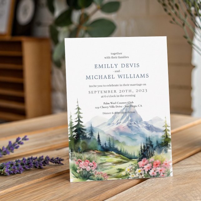 Dusty Blue Floral Spring Mountains Wedding Invitation (Creator Uploaded)