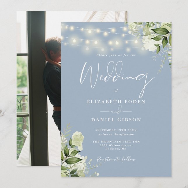Dusty Blue Floral String Lights Photo Wedding Invitation (Front/Back)