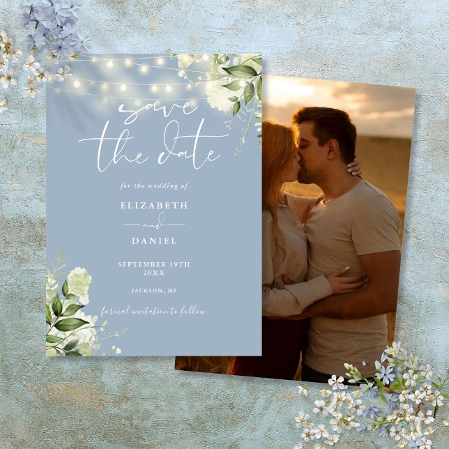 Dusty Blue Floral String Lights Photo Wedding Save The Date (Dusty Blue Floral String Lights Photo Wedding Save The Date)