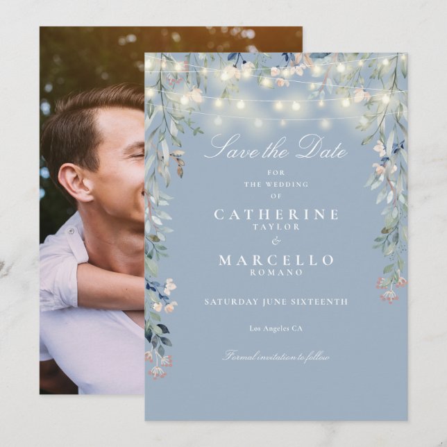 Dusty Blue Floral String Lights Photo Wedding Save The Date (Front/Back)