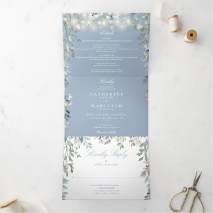 Dusty Blue Floral String Lights Photo Wedding Tri-Fold Invitation