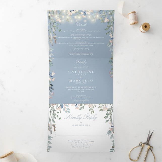 Dusty Blue Floral String Lights Photo Wedding Tri-Fold Invitation (Inside)