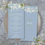Dusty Blue Floral String Lights Wedding Dinner Menu<br><div class="desc">This elegant dusty blue floral greenery string lights wedding menu can be personalised with your information in chic typography with your monogram initials on the reverse. Designed by Thisisnotme©</div>