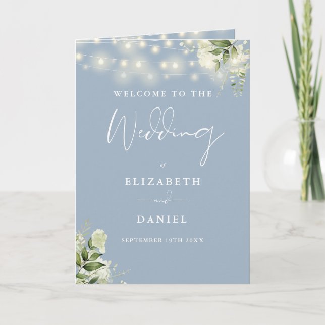 Dusty Blue Floral String Lights Wedding  Programme (Front)