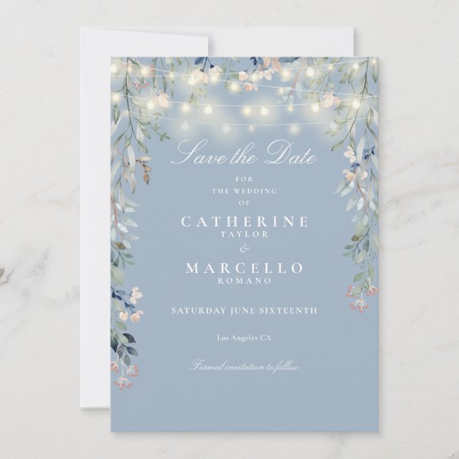 Dusty Blue Floral String Lights Wedding Save The Date (Front)