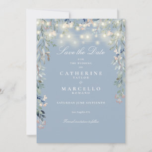 Dusty Blue Floral String Lights Wedding Save The Date