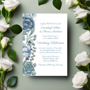Dusty Blue Floral Succulents Wedding Invitation
