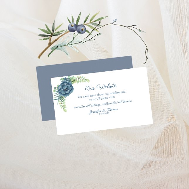 Dusty Blue Floral Succulents Wedding Website Enclosure Card (Creator Uploaded)