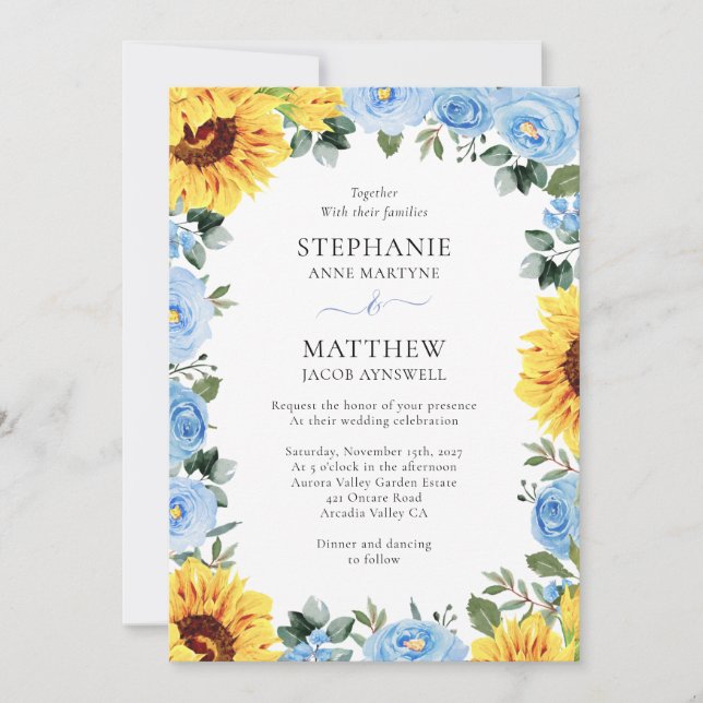 Dusty Blue Floral Sunflower Watercolor Wedding Invitation (Front)