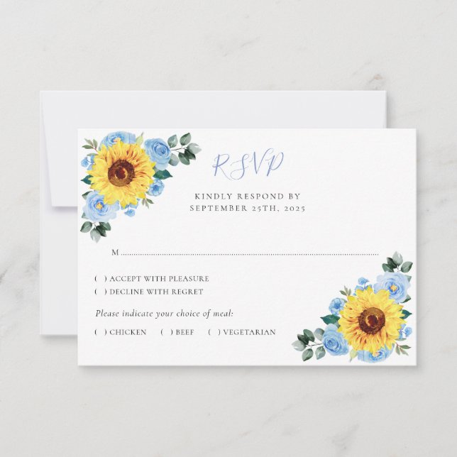 Dusty Blue Floral Sunflower Watercolor Wedding  RSVP Card (Front)