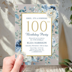 Dusty Blue Floral Surprise 100th Birthday  Acrylic Invitations