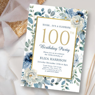 Dusty Blue Floral Surprise 100th Birthday  Invitation
