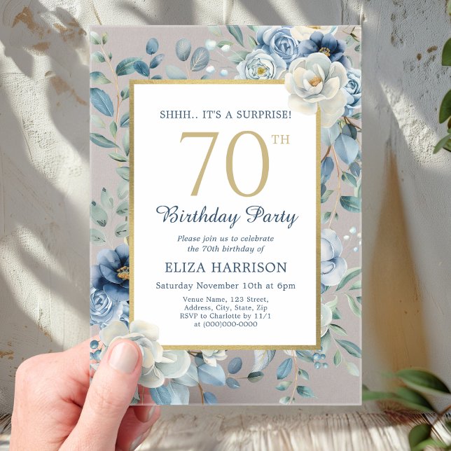 Dusty Blue Floral Surprise 70th Birthday  Acrylic Invitations (Creator Uploaded)