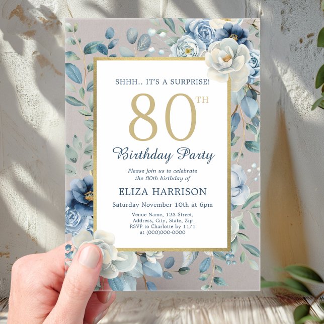 Dusty Blue Floral Surprise 80th Birthday  Acrylic Invitations (Creator Uploaded)
