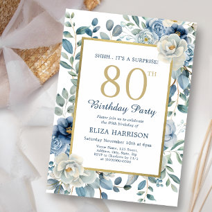 Dusty Blue Floral Surprise 80th Birthday  Invitation