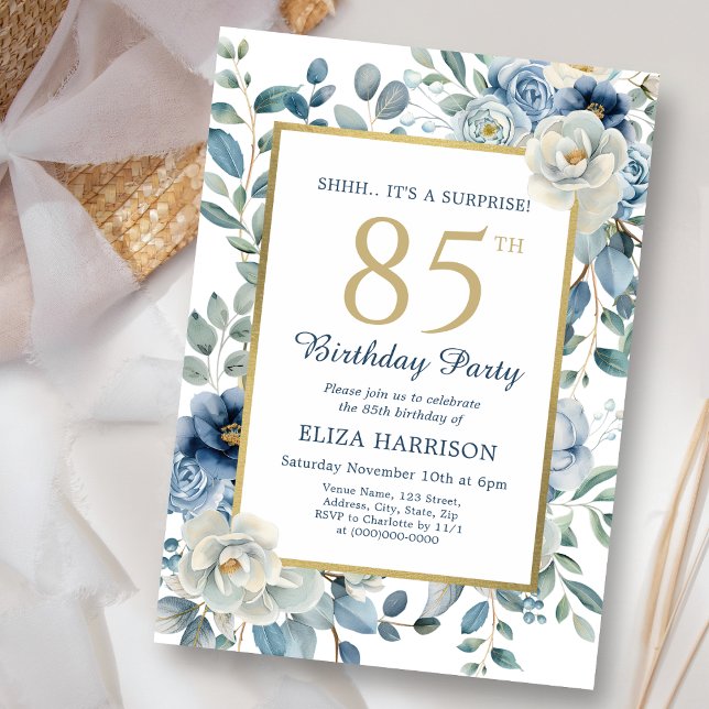Dusty Blue Floral Surprise 85th Birthday  Invitation (Creator Uploaded)