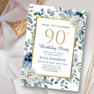Dusty Blue Floral Surprise 90th Birthday  Invitation