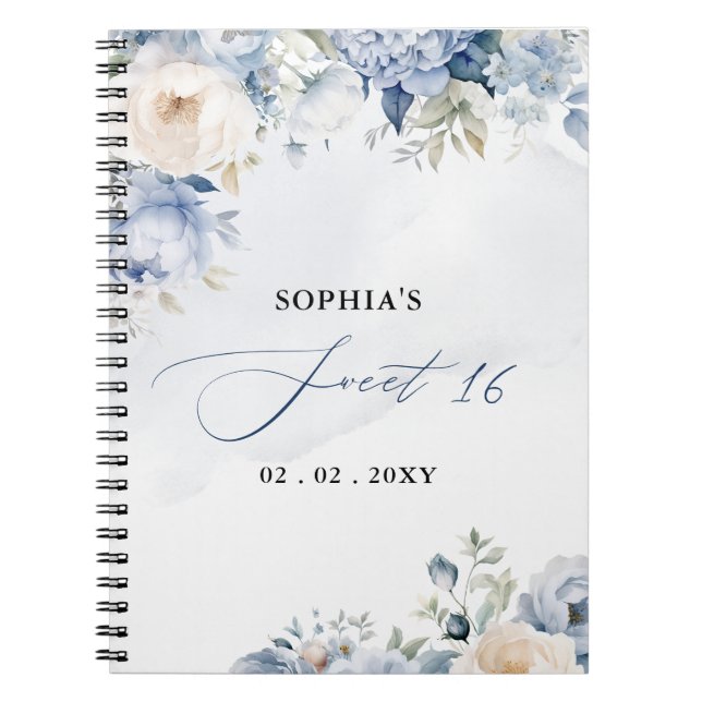  Dusty Blue Floral Sweet 16 Guest Book (Front)