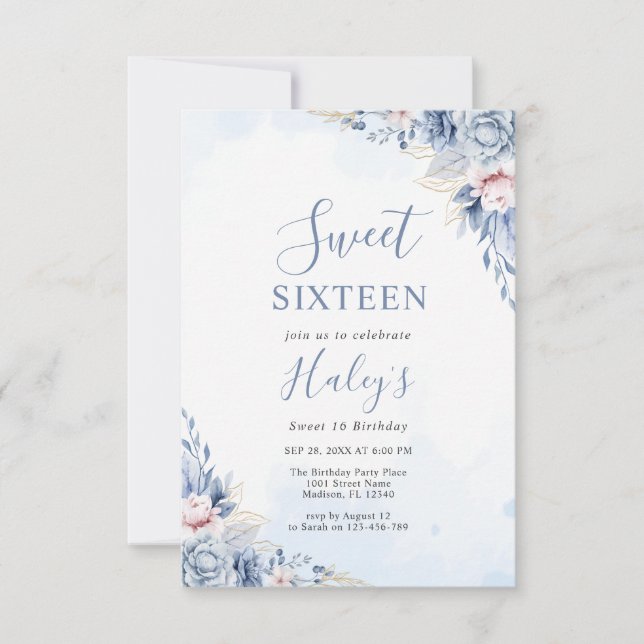 Dusty Blue Floral Sweet 16 Sixteen Budget Birthday Invitation (Front)