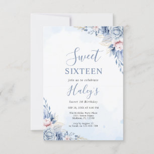 Dusty Blue Floral Sweet 16 Sixteen Budget Birthday Invitation