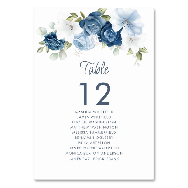 Dusty Blue Floral Table Number 12 Wedding Seating (Front)