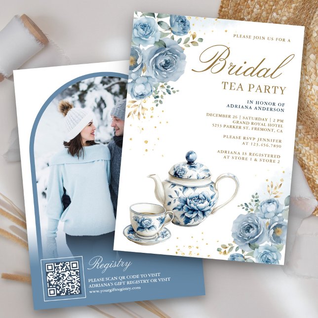 Dusty Blue Floral Tea Party QR Code Bridal Shower Invitation (Creator Uploaded)