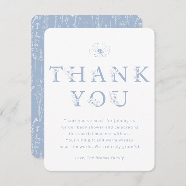 Dusty Blue Floral Thank You Card | Baby Shower (Front/Back)