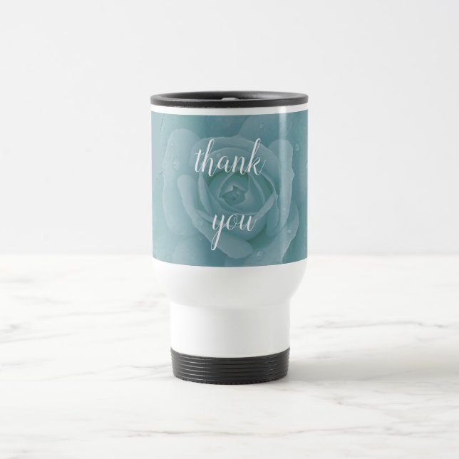 Dusty Blue Floral Thank You Wedding Favour Gift Travel Mug (Center)