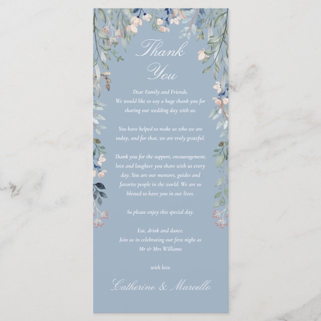 Dusty Blue Floral Thank You Wedding Place Card (Front)