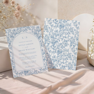 Dusty Blue Floral Toile Monogram Wedding Arch Invitation