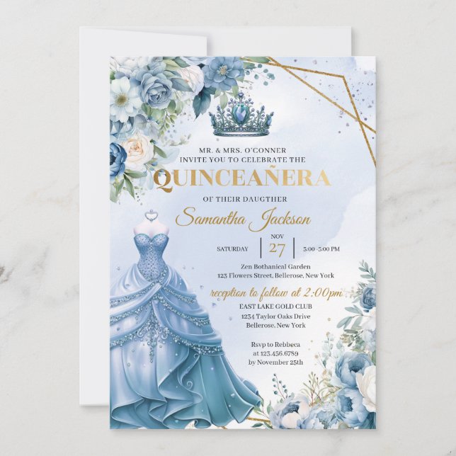 Dusty blue floral Twin Princess Dress Quinceañera Invitation (Front)