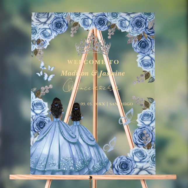 Dusty Blue Floral Twin Quinceañera Welcome Sign (Neutral)