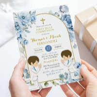 Dusty Blue Floral Twins Boy Praying Holy Communion
