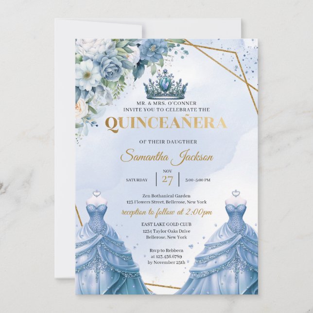 Dusty blue floral Twins Princess Dress Quinceañera Invitation (Front)