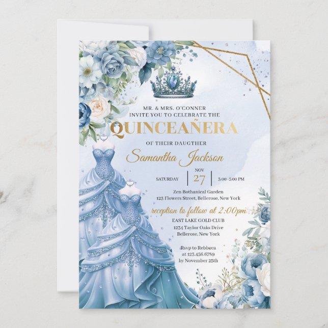 Dusty blue floral Twins Princess Dress Quinceañera Invitation (Front)