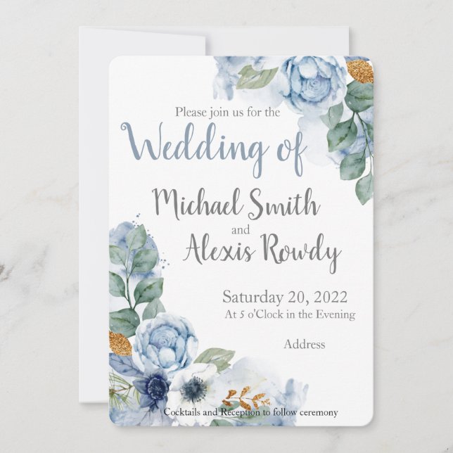 Dusty Blue Floral Water Colour Invitation (Front)