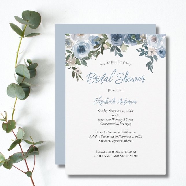 Dusty Blue Floral Watercolor Bridal Shower Invitation (Dusty Blue Floral Watercolor Bridal Shower invitation)