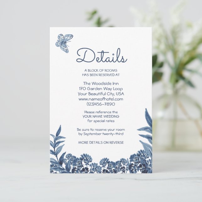 Dusty Blue Floral Watercolor Details Accomodations Enclosure Card (Standing Front)