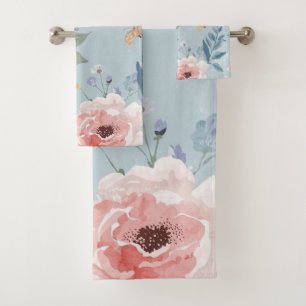 Dusty Blue Floral Watercolor Garden Pink Blooms Bath Towel Set