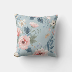 Dusty Blue Floral Watercolor Garden Pink Blooms Cushion