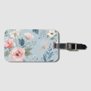 Dusty Blue Floral Watercolor Garden Pink Blooms Luggage Tag