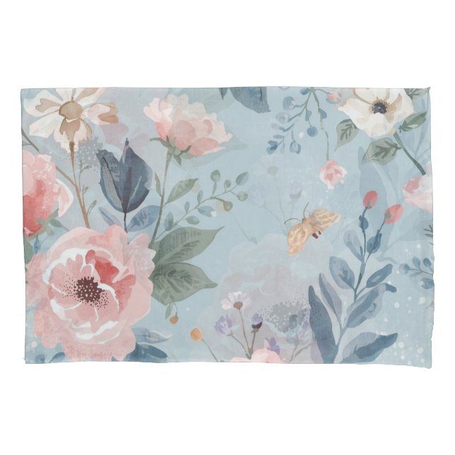 Dusty Blue Floral Watercolor Garden Pink Blooms Pillowcase (Front)