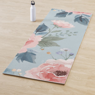 Dusty Blue Floral Watercolor Garden Pink Blooms Yoga Mat