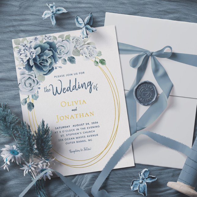 Dusty Blue Floral Watercolor Gold Foil Wedding (Creator Uploaded)