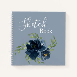 Dusty Blue Floral Watercolor Modern Script Sketch Notebook