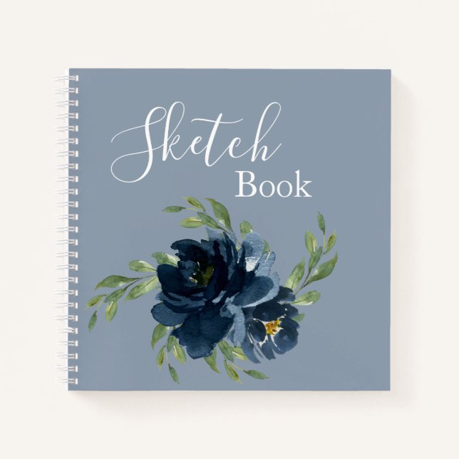 Dusty Blue Floral Watercolor Modern Script Sketch Notebook (Front)