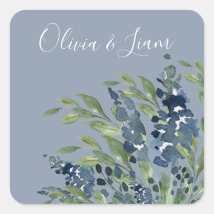 Dusty Blue Floral Watercolor Modern Script Wedding Square Sticker