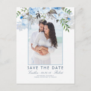 Dusty Blue Floral Watercolor Photo Save the Date Announcement Postcard