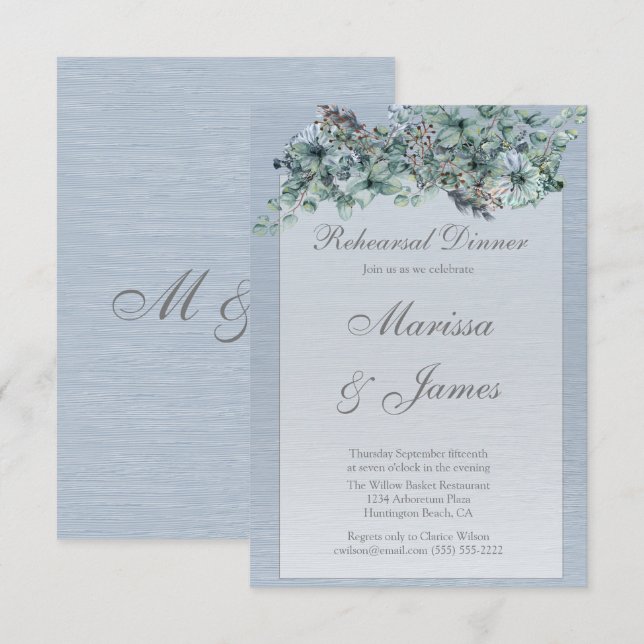 Dusty Blue Floral  Watercolor Rehearsal Dinner Invitation (Front/Back)