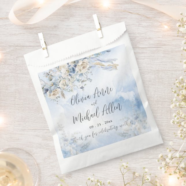 Dusty Blue Floral Watercolor Script Wedding Favour Bags (Clipped)